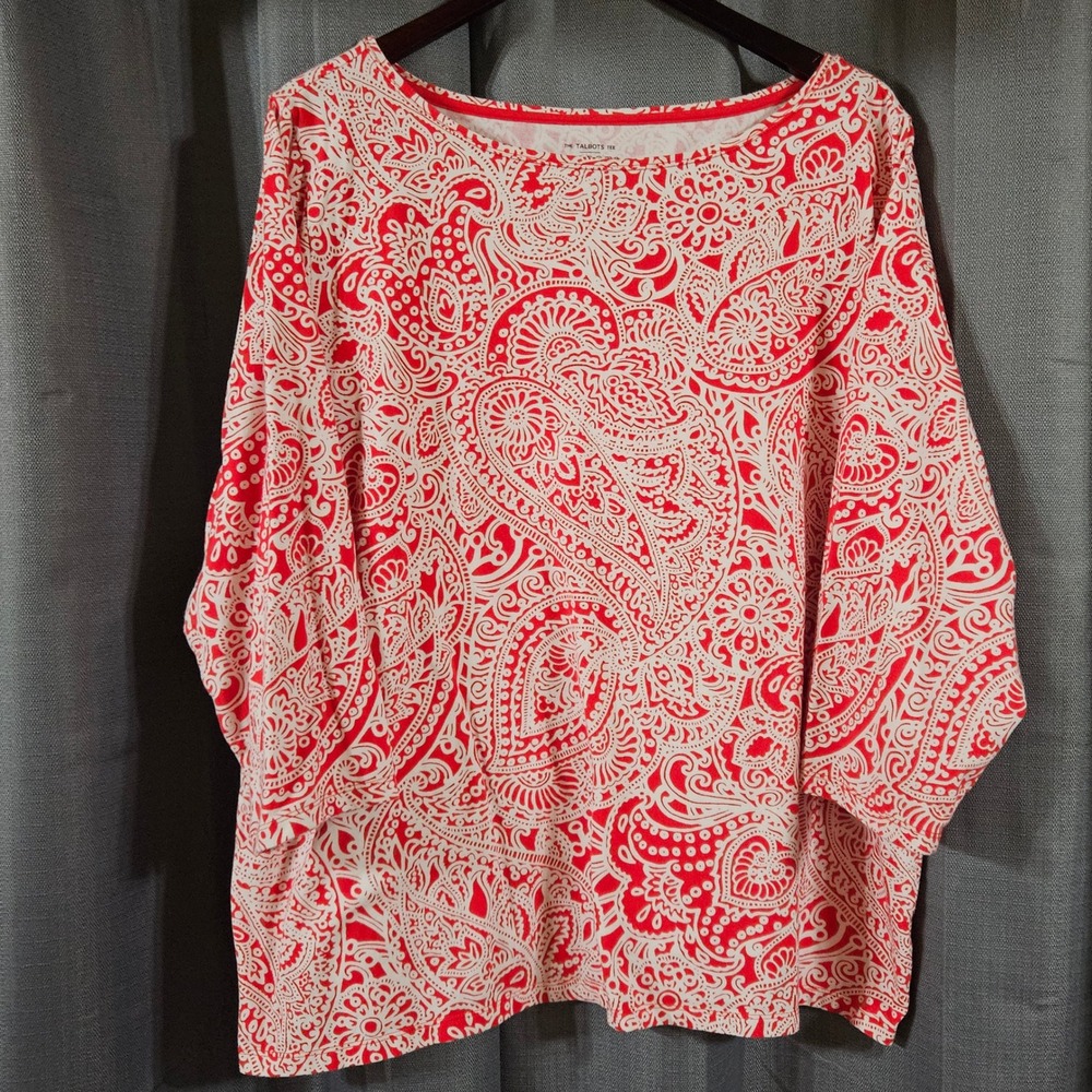 Talbots Plus 3X Red White Paisley Boat Neck 3/4 Sleeve Knit Tee Top Cotton Blend